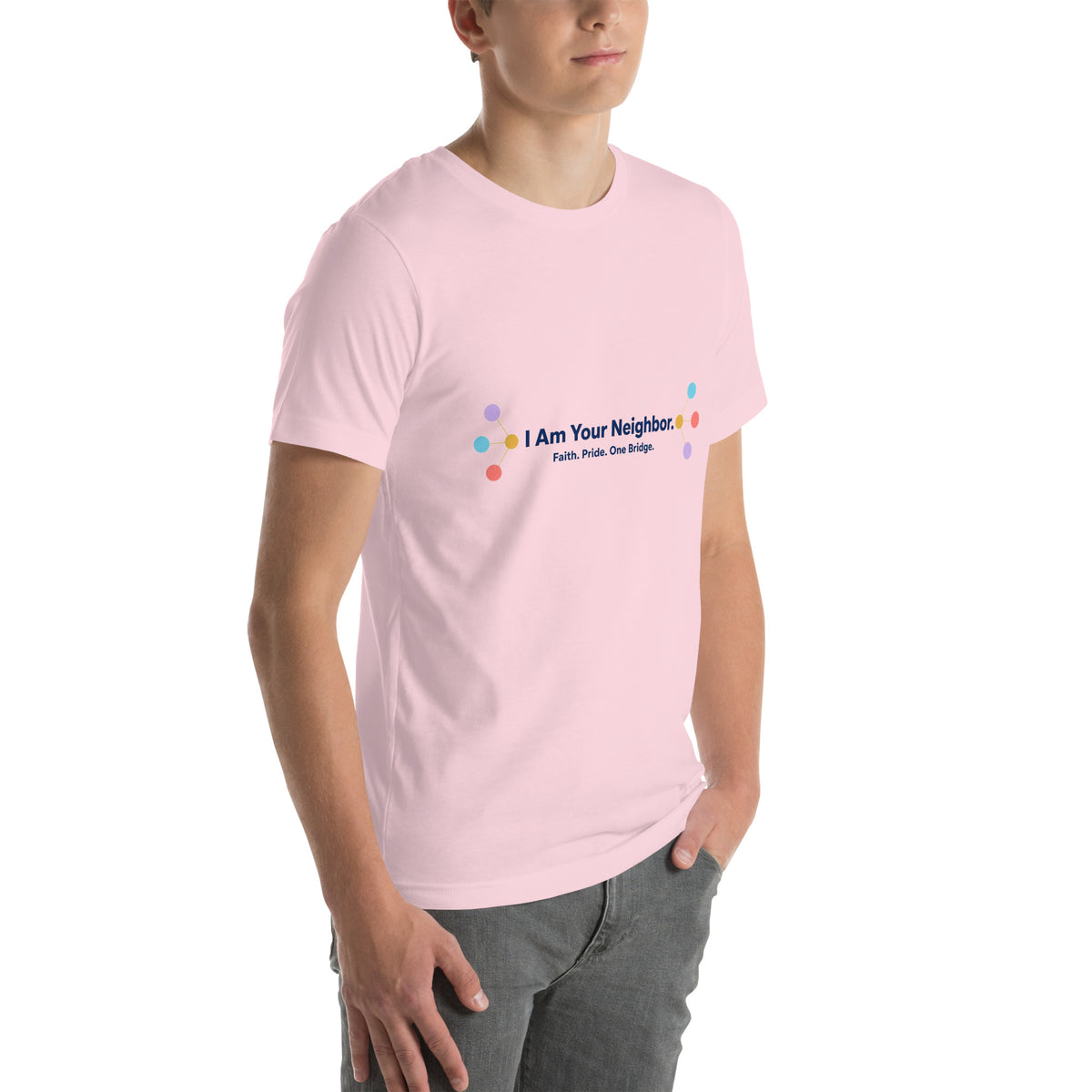 I Am Your Neighbor tee in Soft Pink, right front view