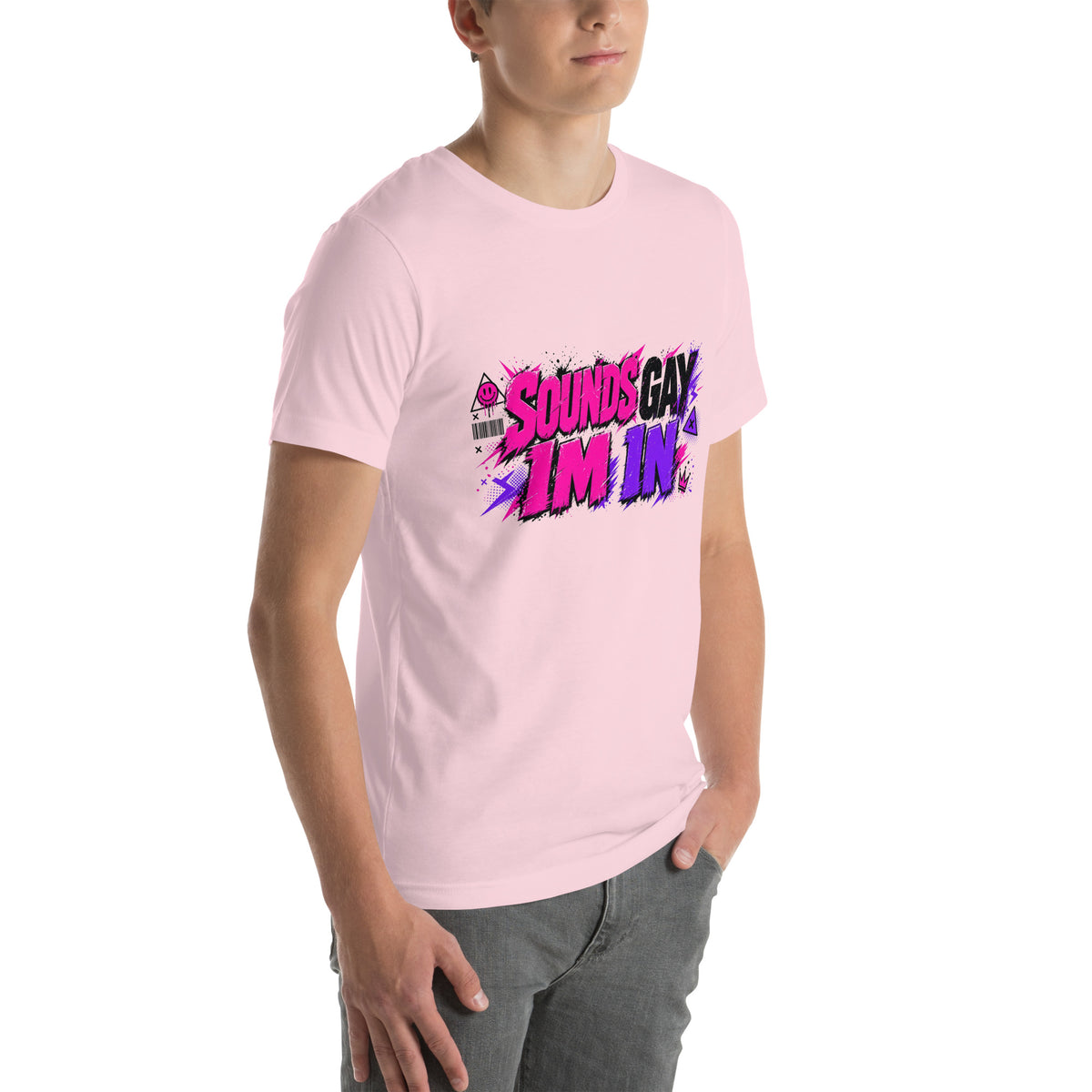 Sounds Gay I'm In tee in Soft Pink, right front view