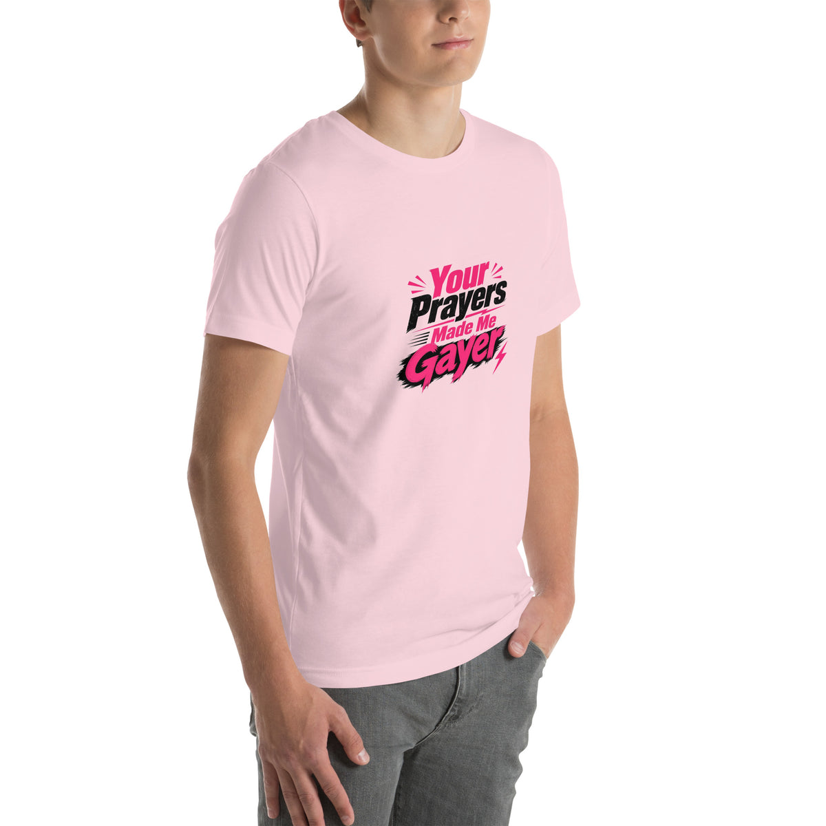 Your Prayers Made Me Gayer tee in Soft Pink, right front view
