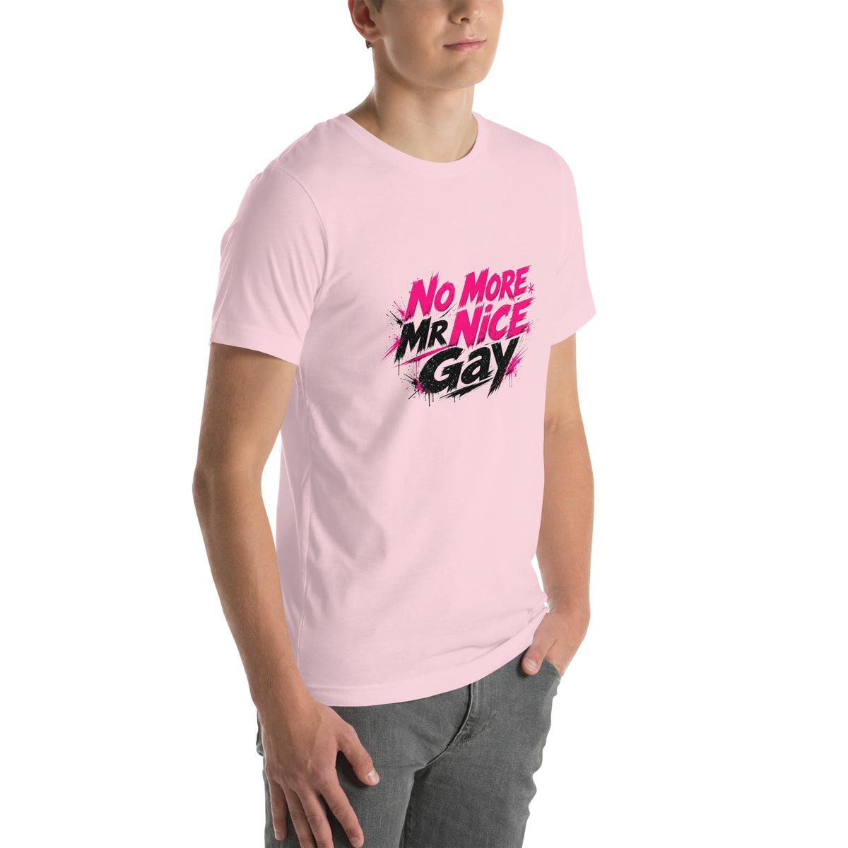 No More Mr Nice Gay tee in Soft Pink, right front view