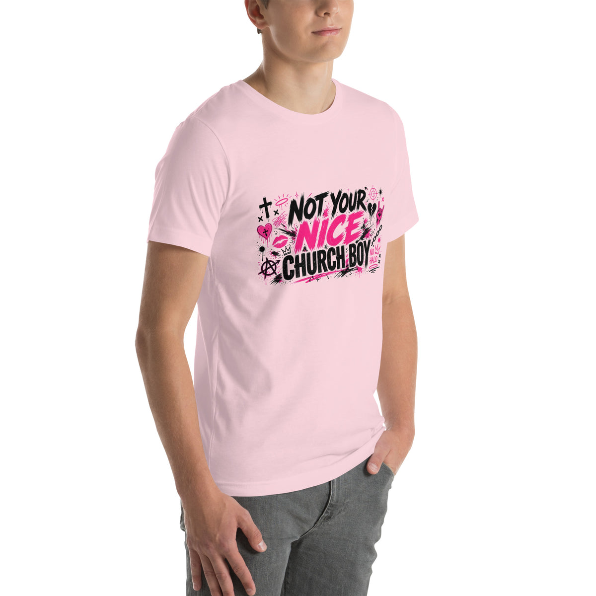 Not Your Nice Church Boy tee in Soft Pink, right front view