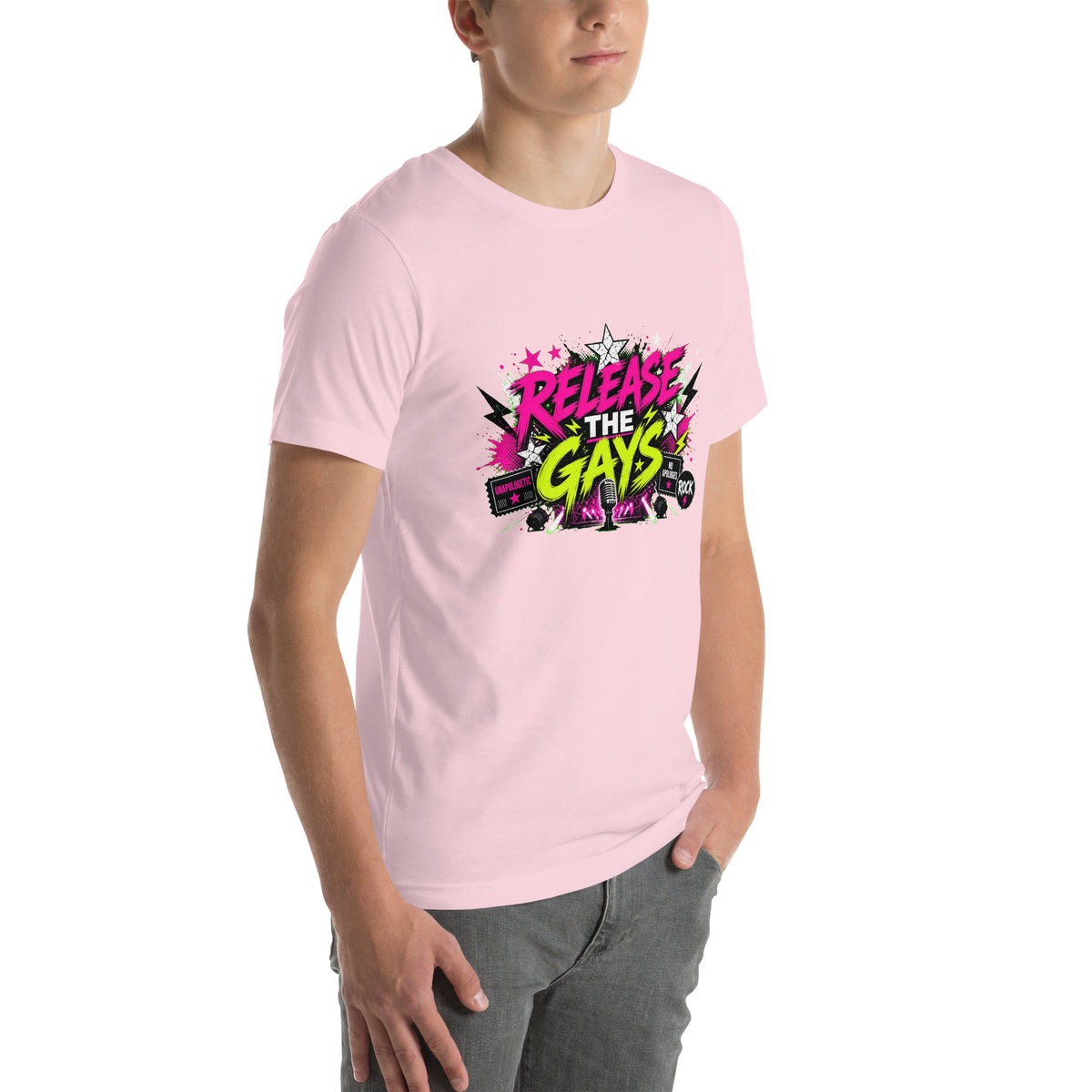 Release the Gays tee in Soft Pink, right front view