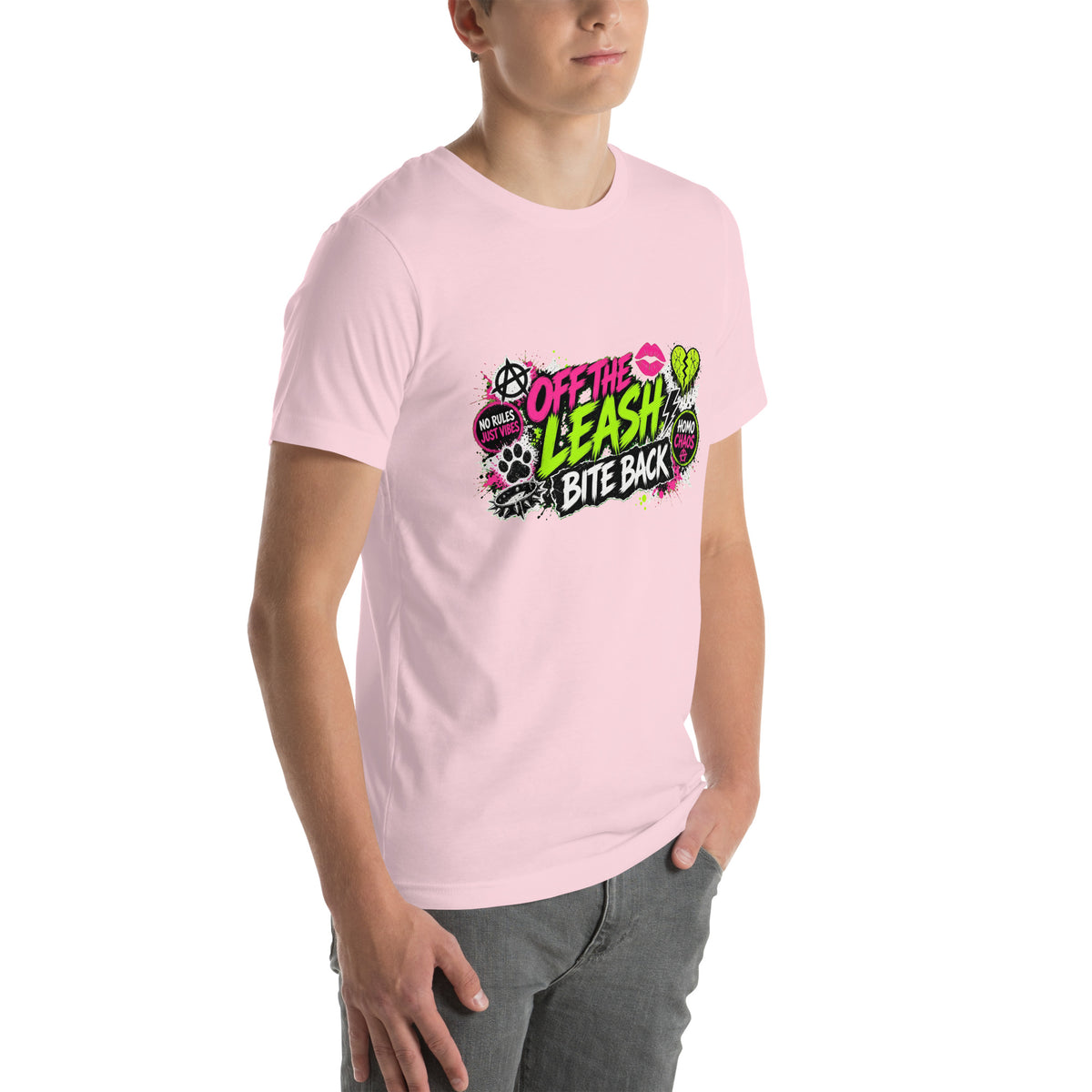 Off The Leash tee in Soft Pink, right front view