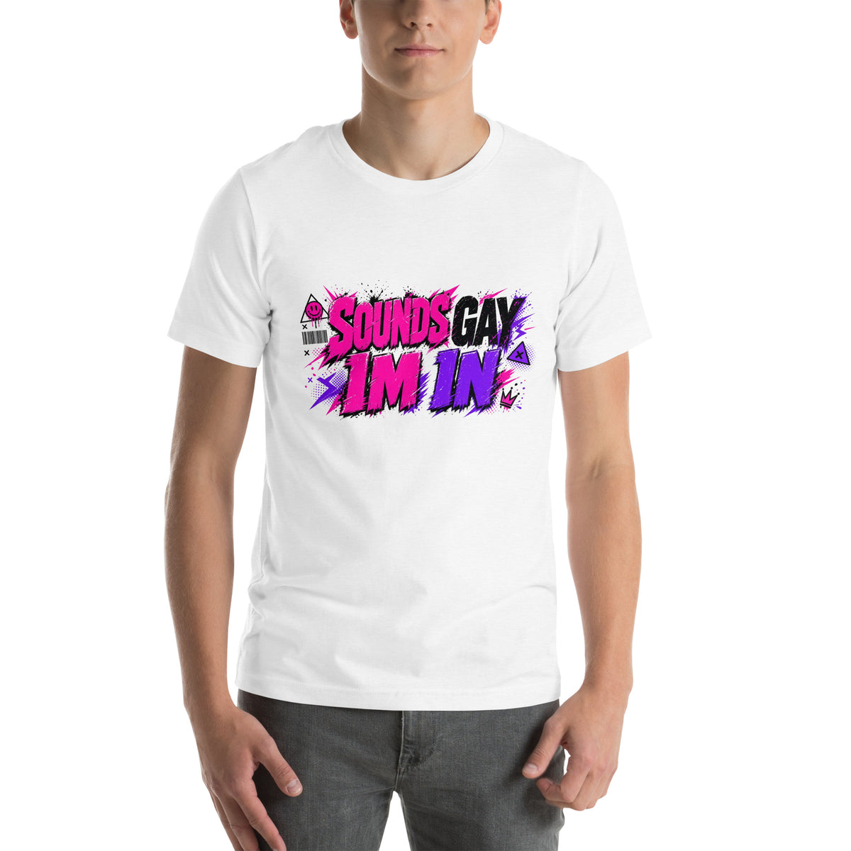 Sounds Gay I'm In tee in Solid White Blend, front view