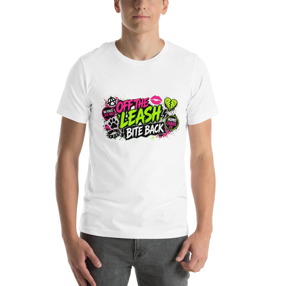Off The Leash tee in Solid White Blend, front view