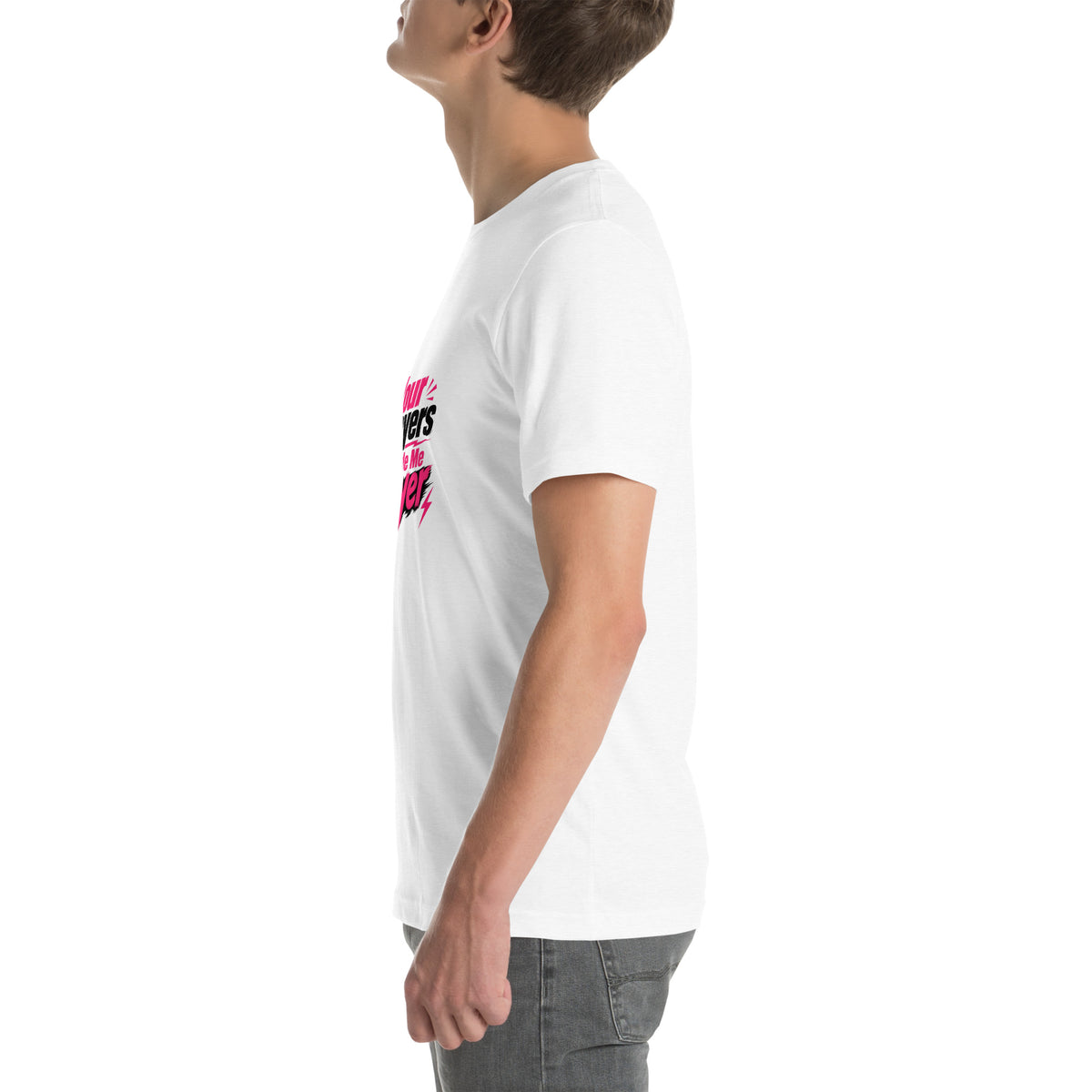 Your Prayers Made Me Gayer tee in Solid White Blend, left view