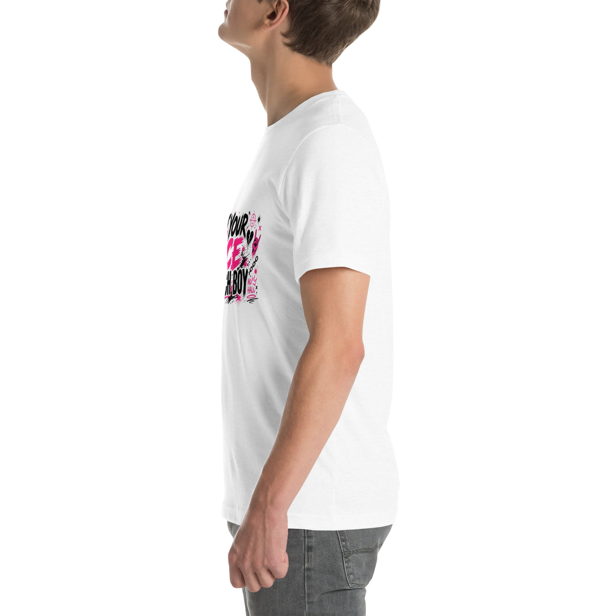 Not Your Nice Church Boy tee in Solid White Blend, left view