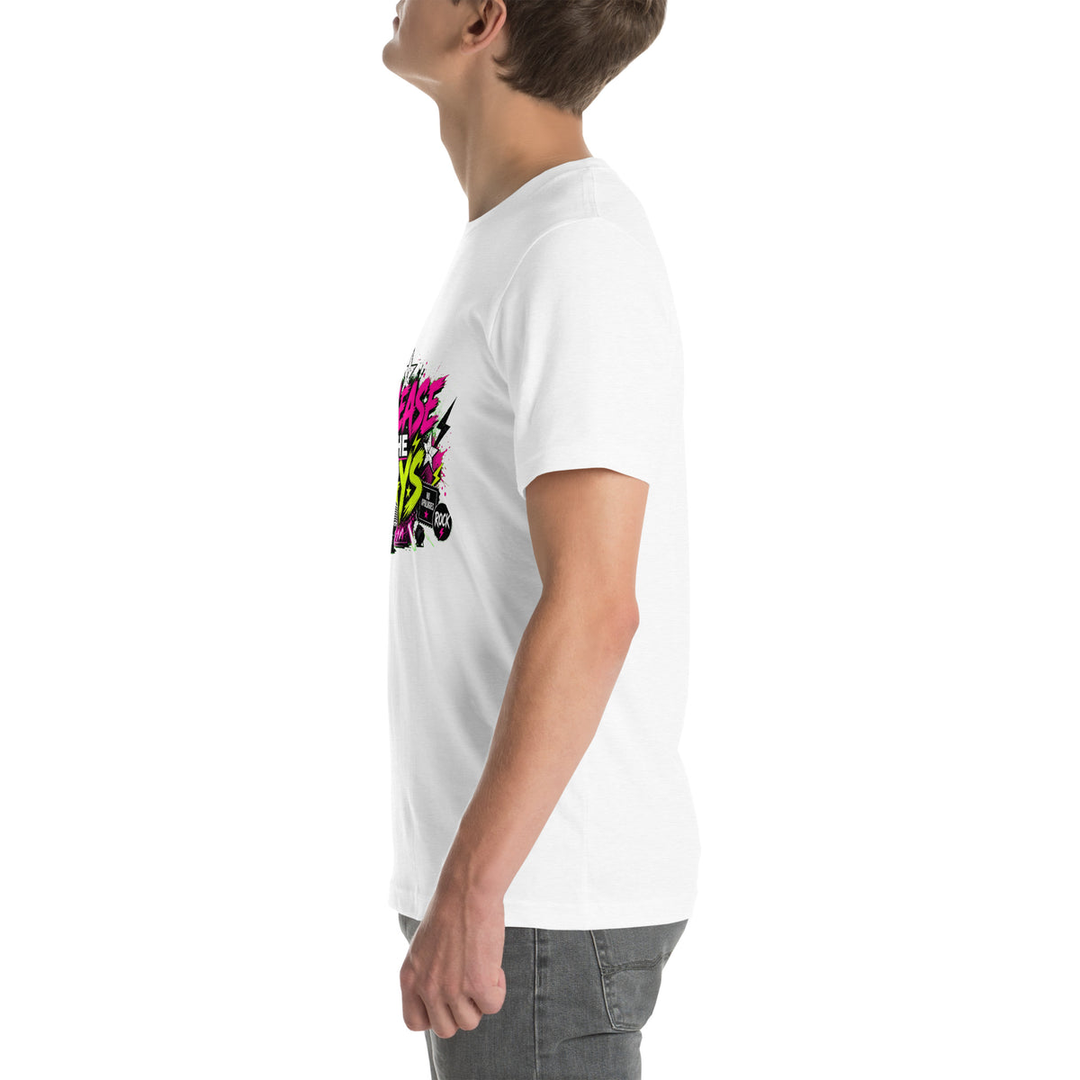 Release the Gays tee in Solid White Blend, left view