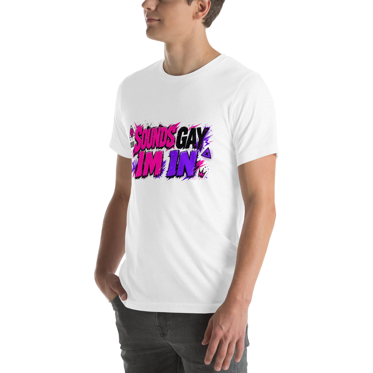 Sounds Gay I'm In tee in Solid White Blend, left front view