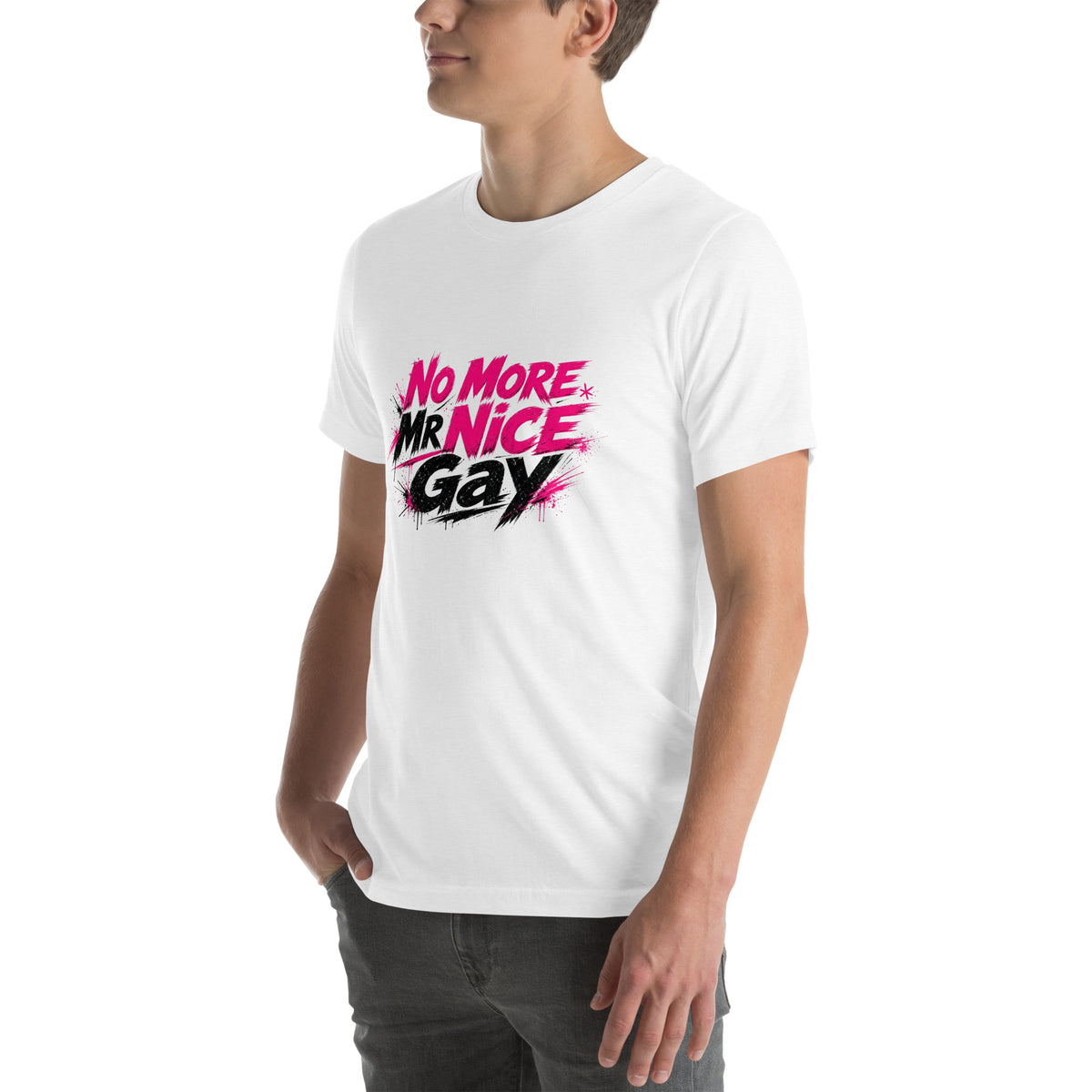 No More Mr Nice Gay tee in Solid White Blend, left front view