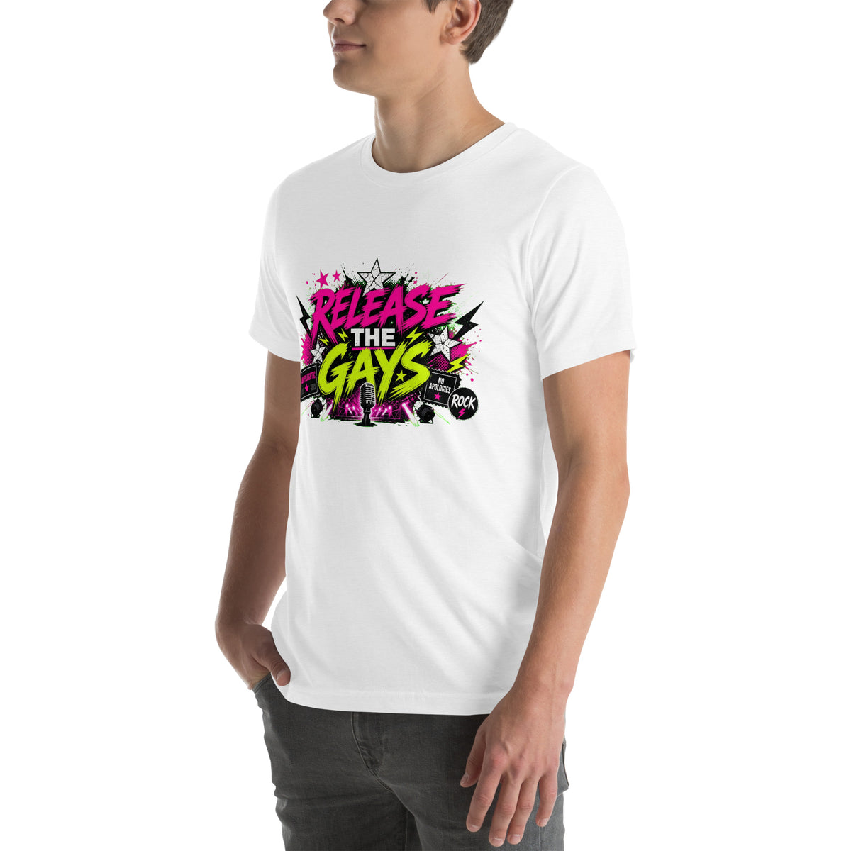 Release the Gays tee in Solid White Blend, left front view