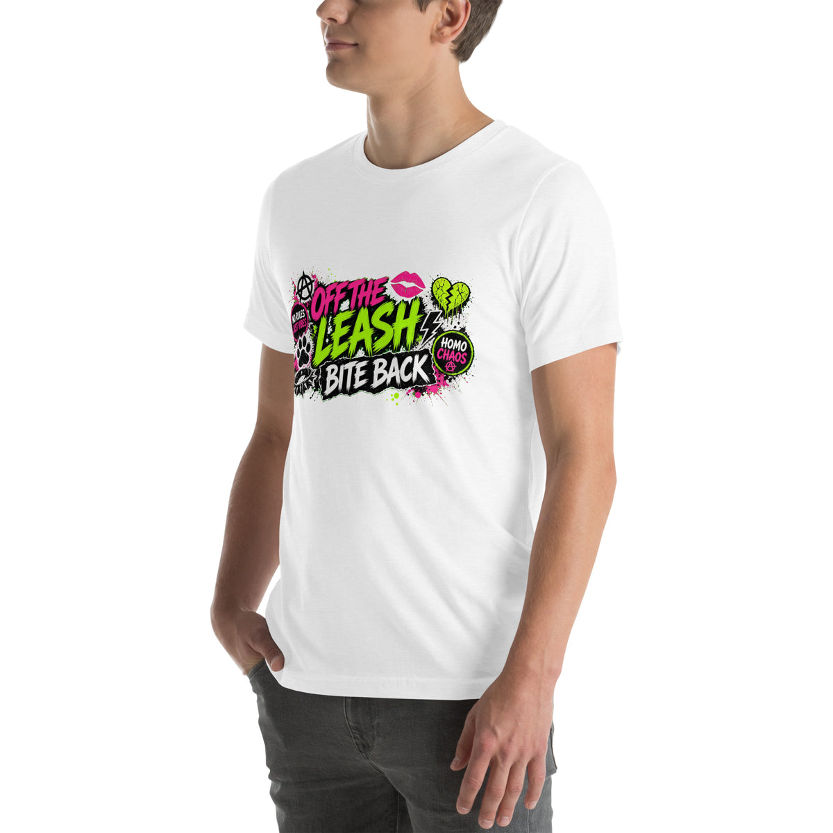 Off The Leash tee in Solid White Blend, left front view