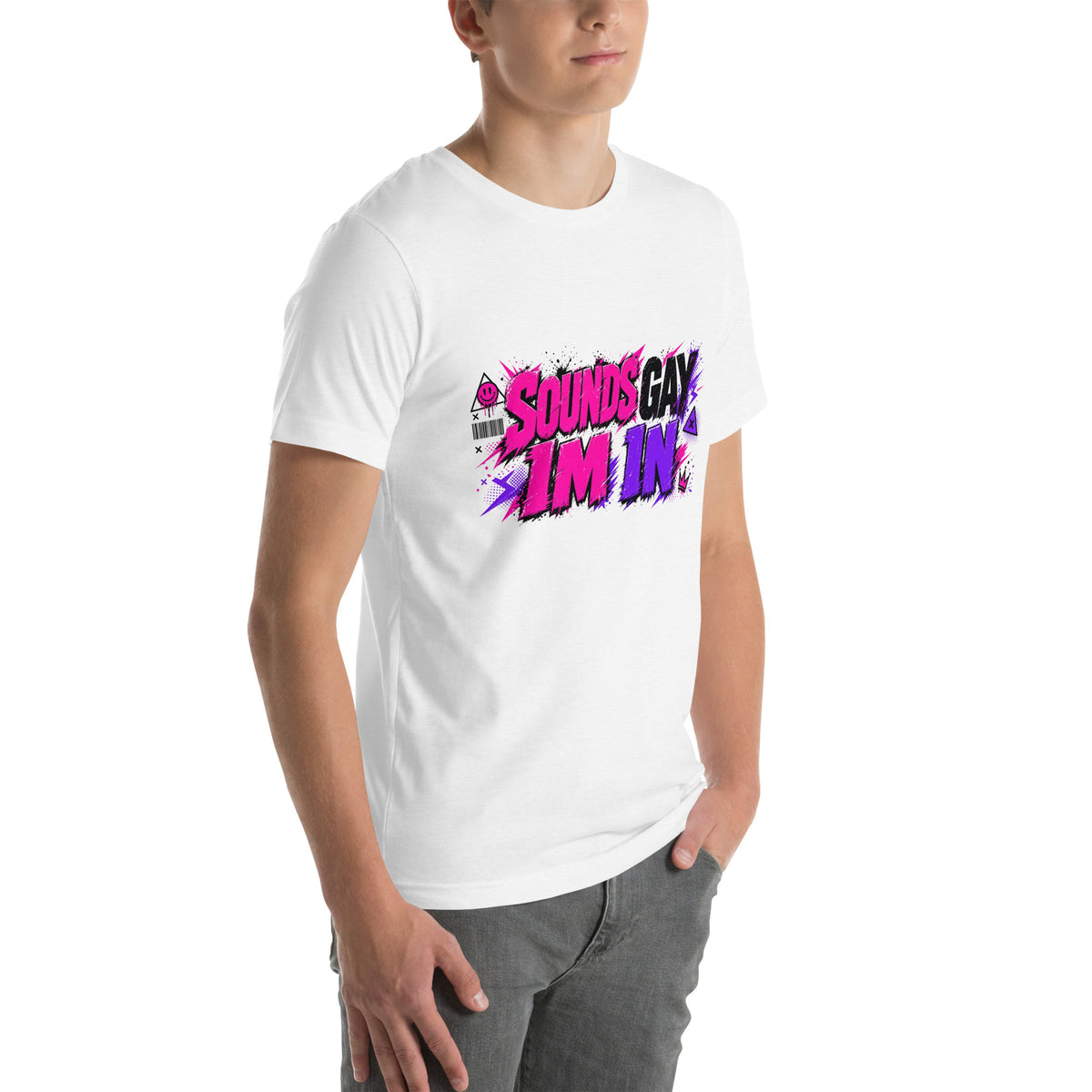 Sounds Gay I'm In tee in Solid White Blend, right front view