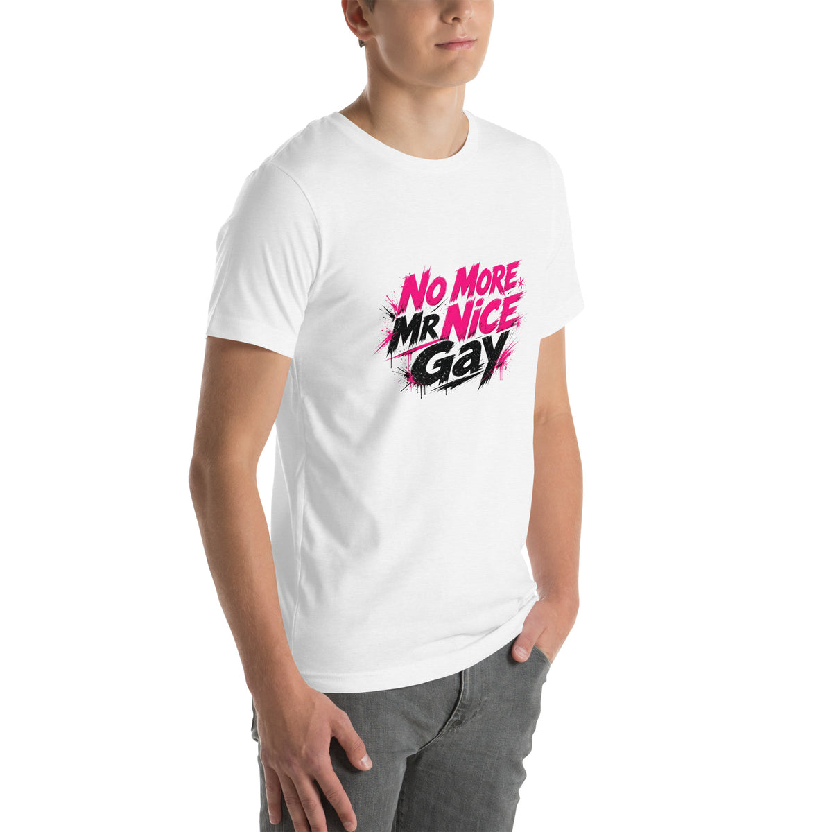No More Mr Nice Gay tee in Solid White Blend, right front view