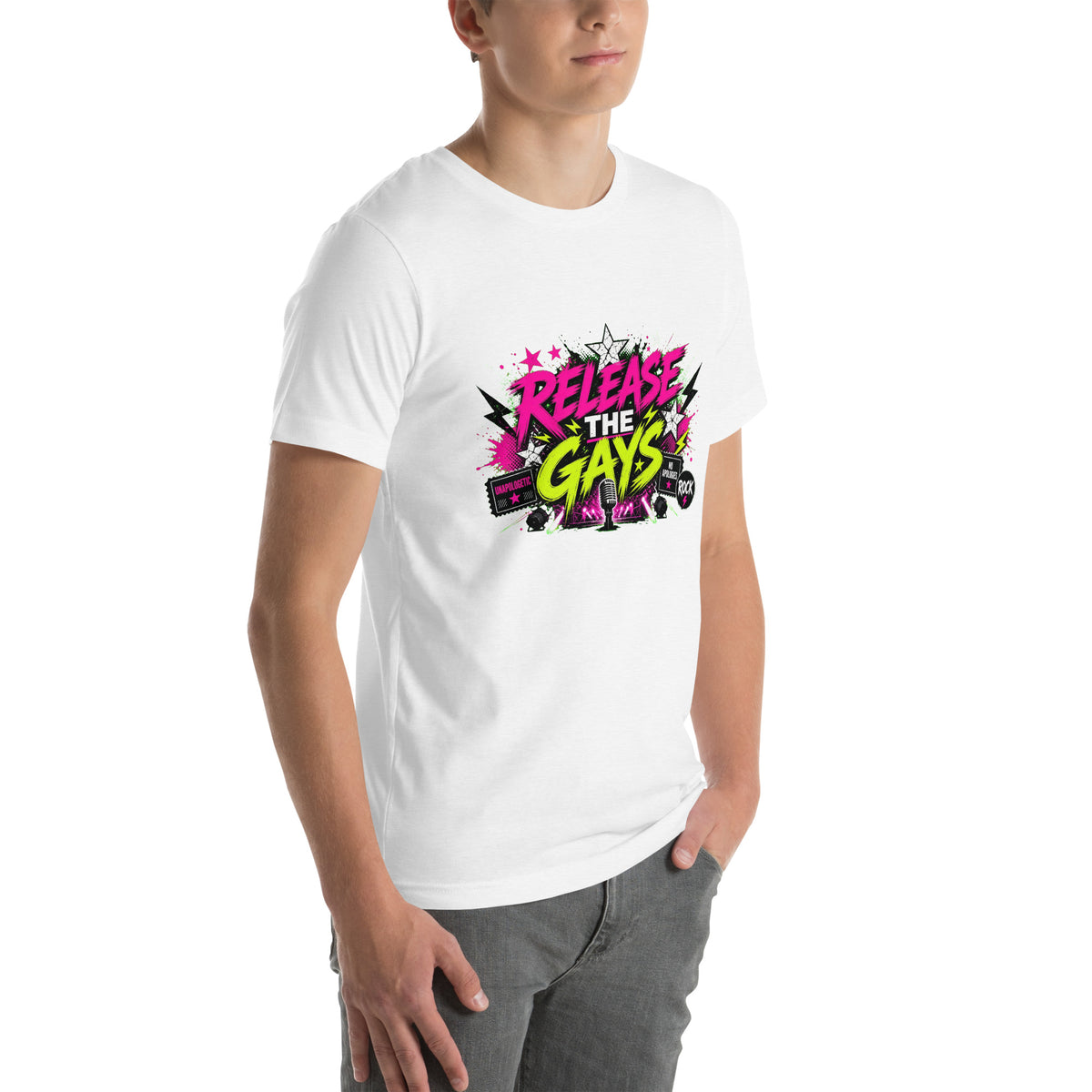 Release the Gays tee in Solid White Blend, right front view