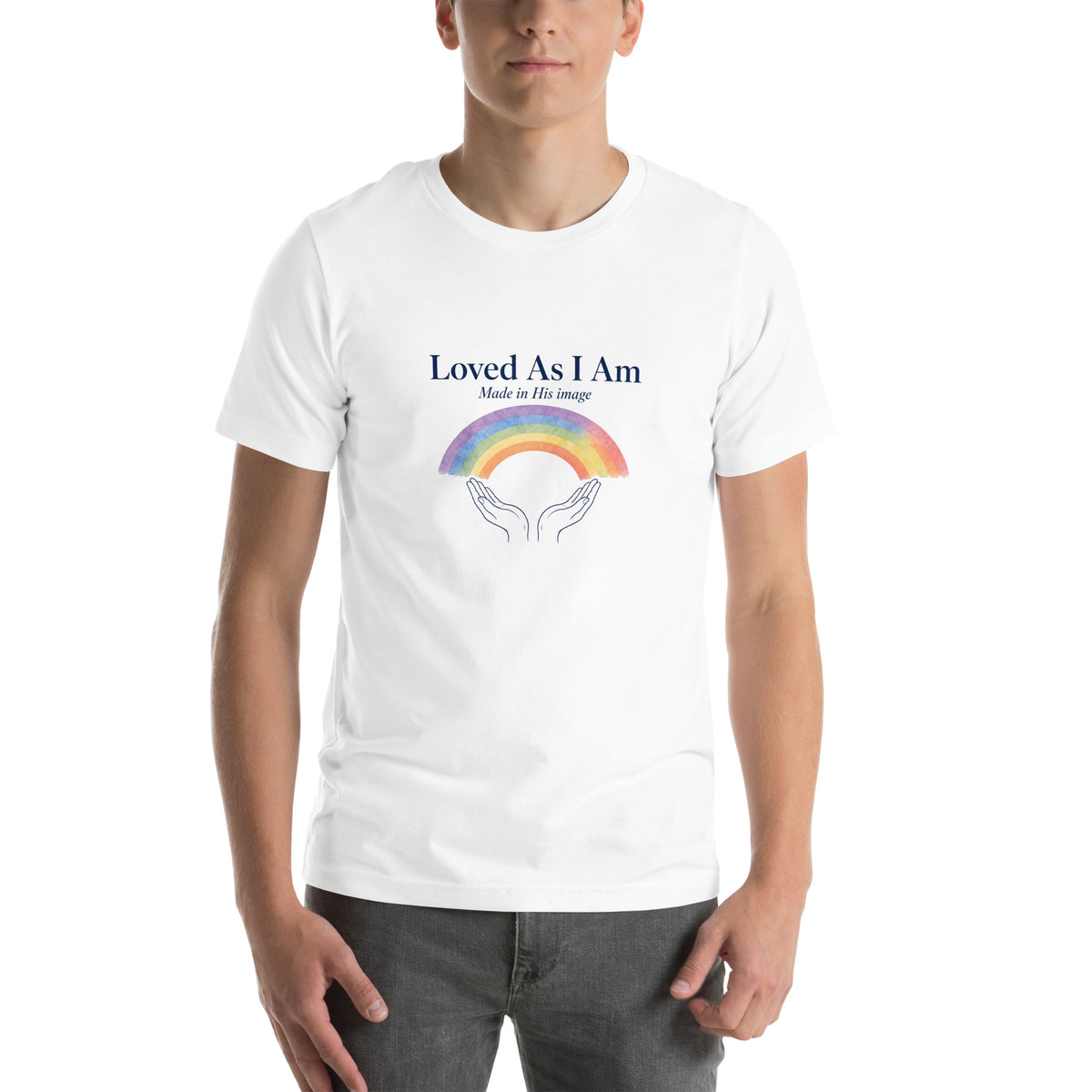 Loved As I Am tee in White, front view on model