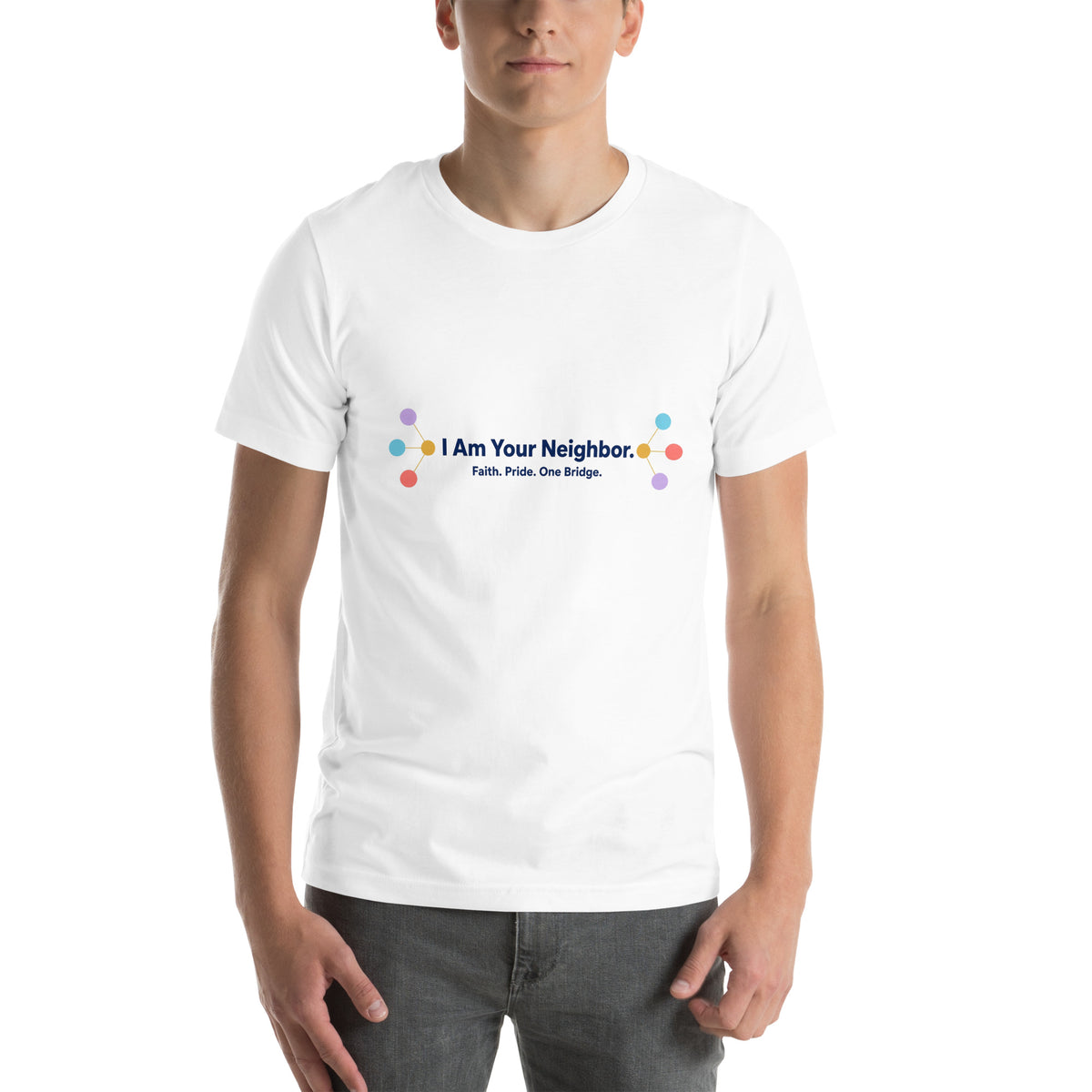 I Am Your Neighbor tee in White, front view on model