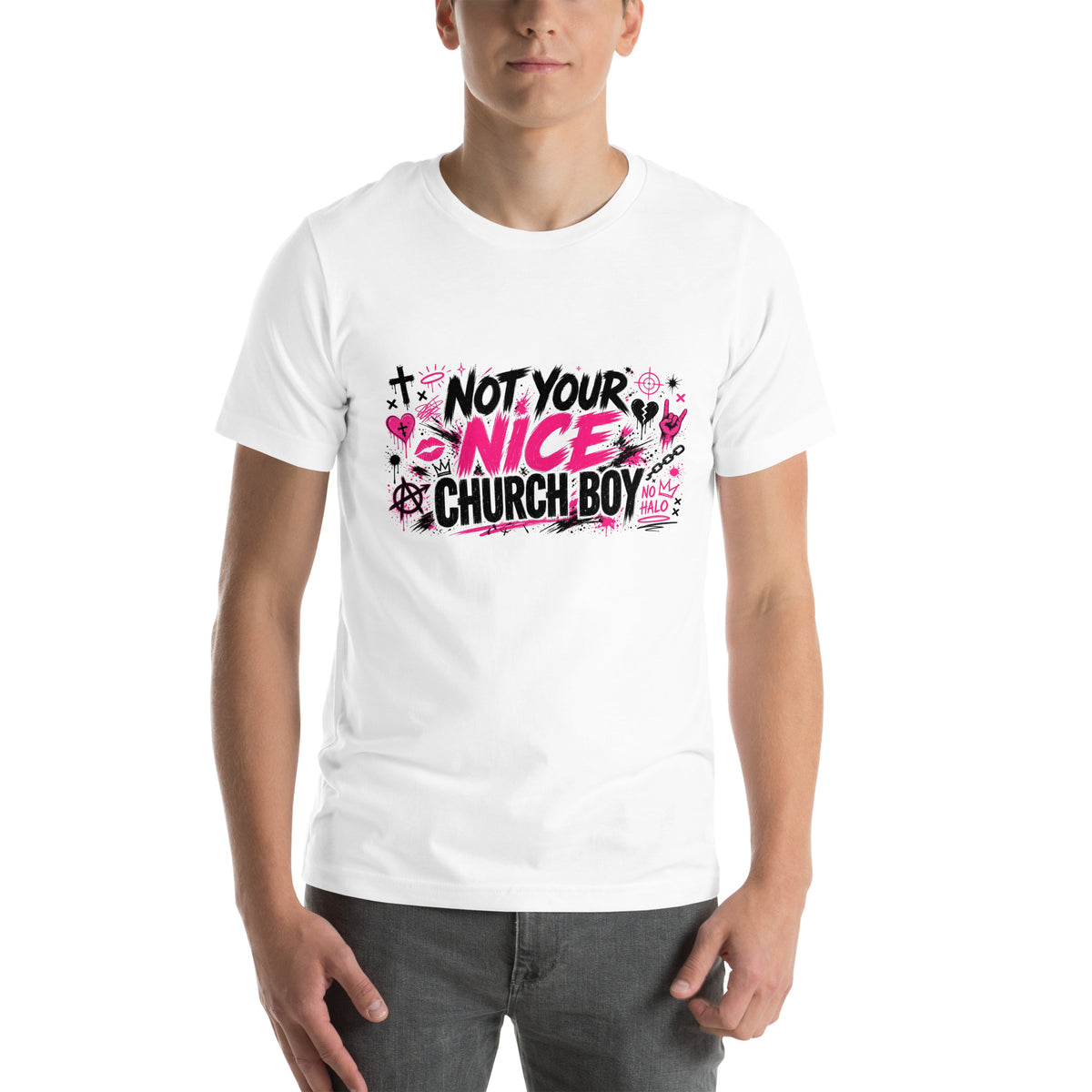Not Your Nice Church Boy tee in White, front view on model