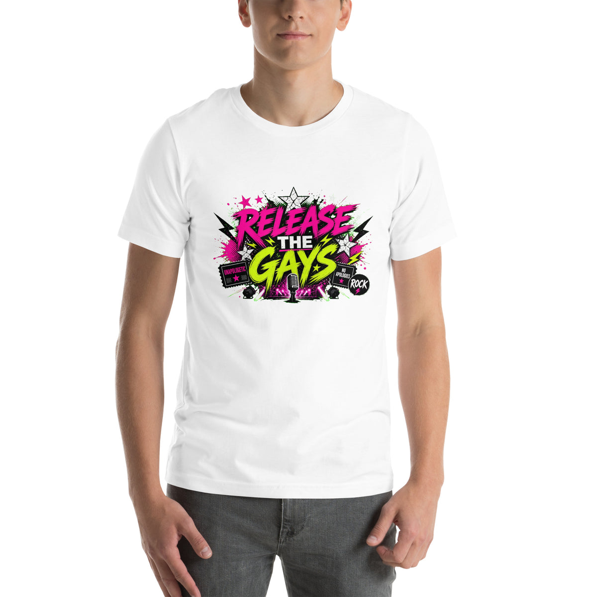 Release the Gays tee in White, front view on model