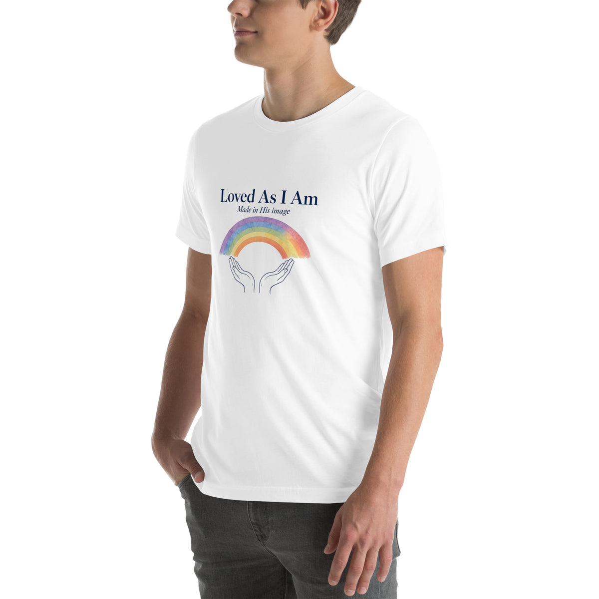 Loved As I Am tee in White, left front view