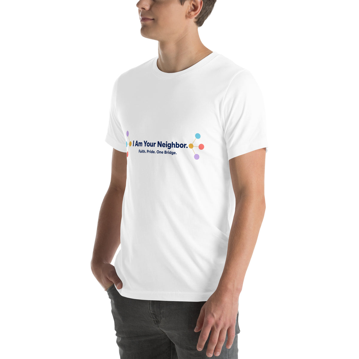 I Am Your Neighbor tee in White, left front view