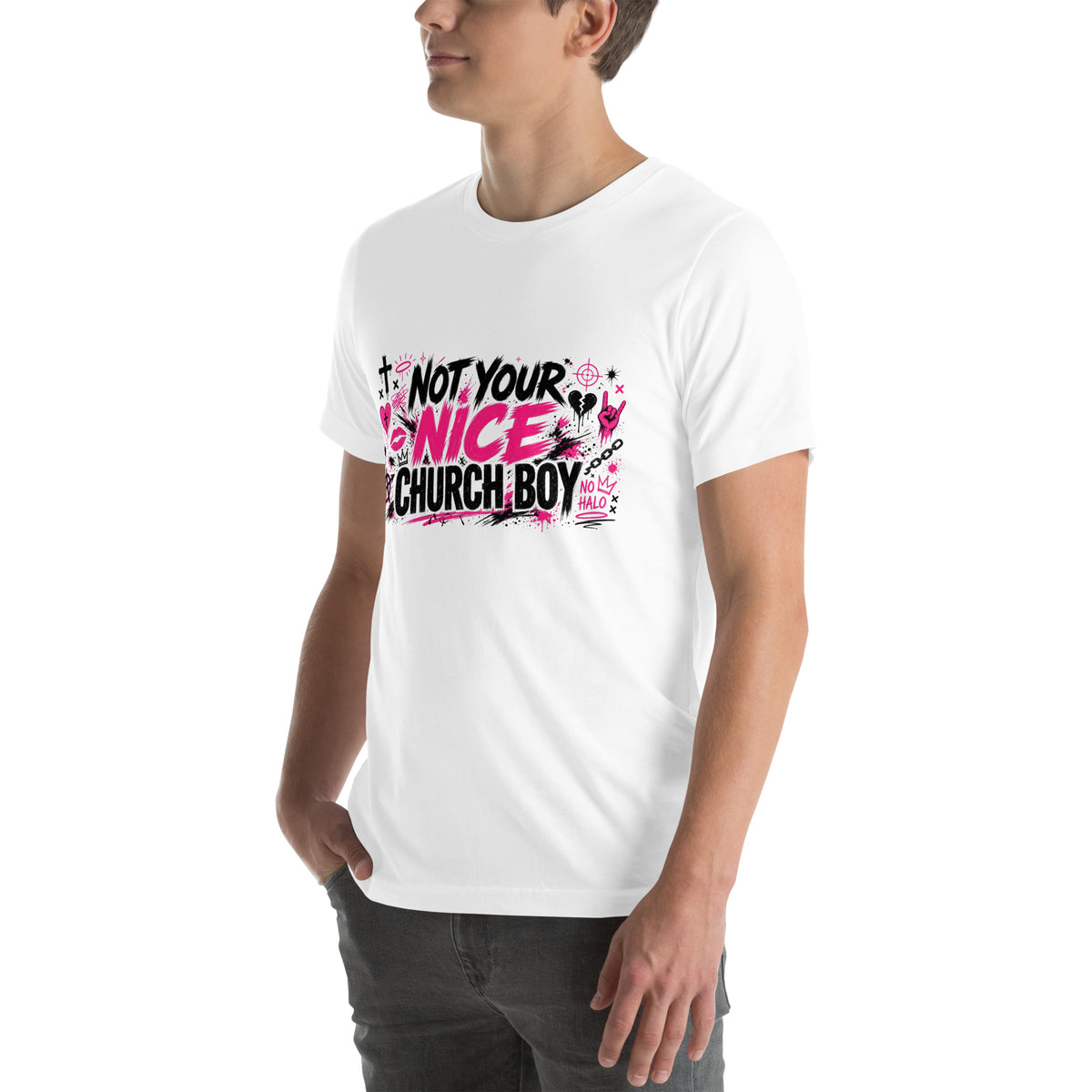 Not Your Nice Church Boy tee in White, left front view