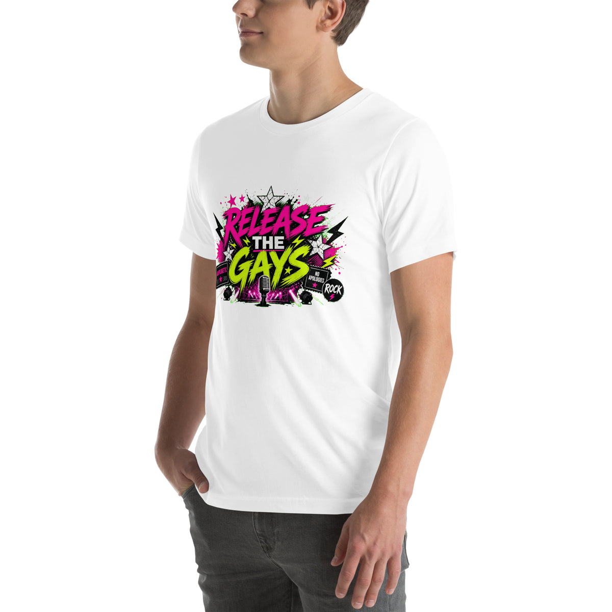 Release the Gays tee in White, left front view