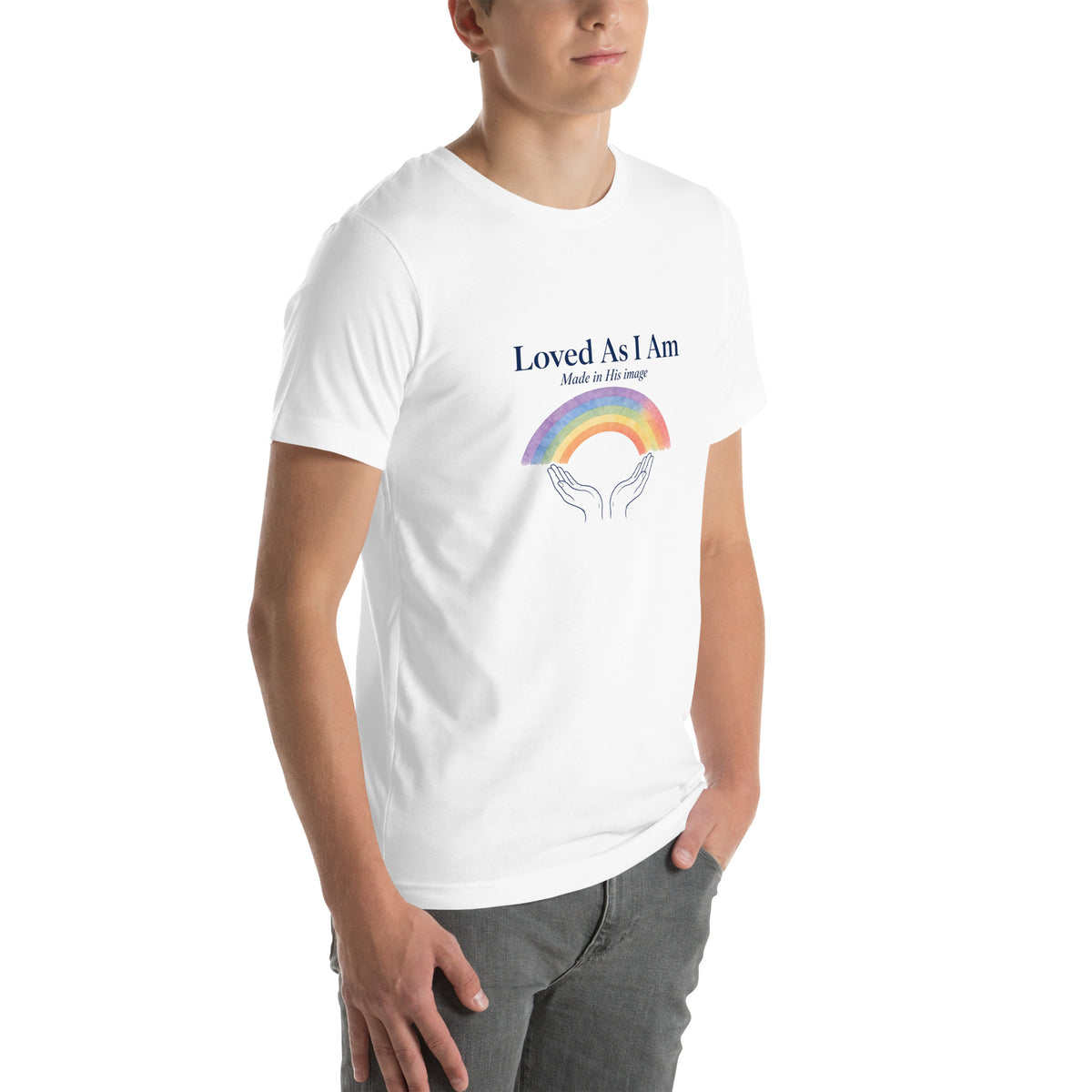 Loved As I Am tee in White, right front view