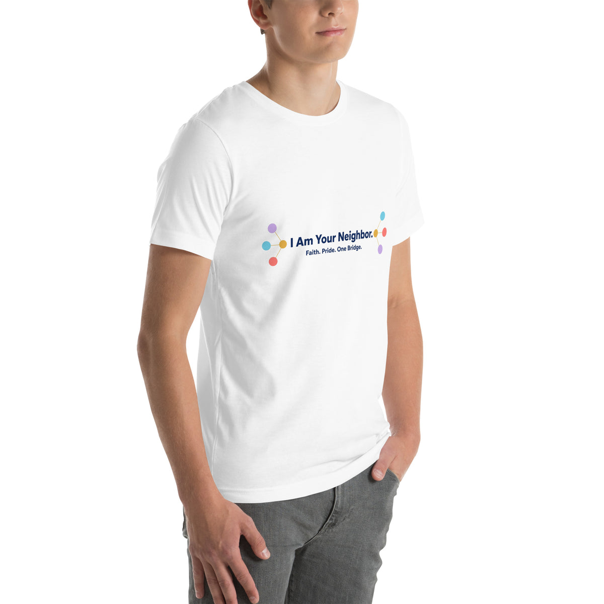I Am Your Neighbor tee in White, right front view