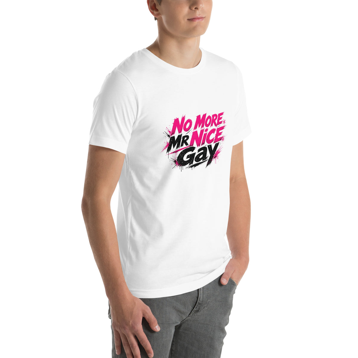 No More Mr Nice Gay tee in White, right front view