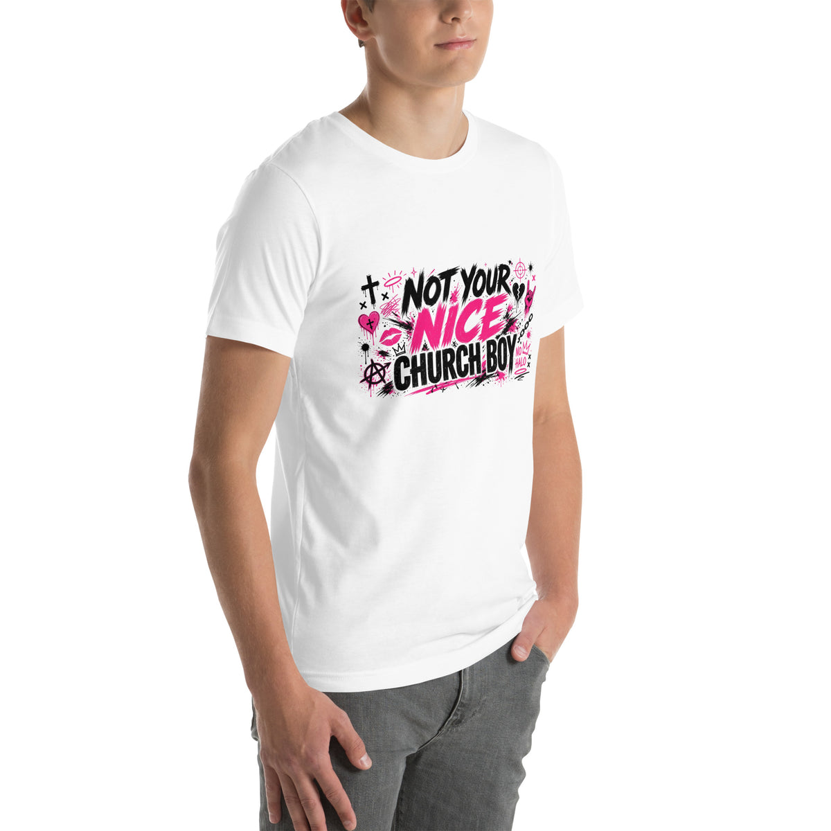 Not Your Nice Church Boy tee in White, right front view