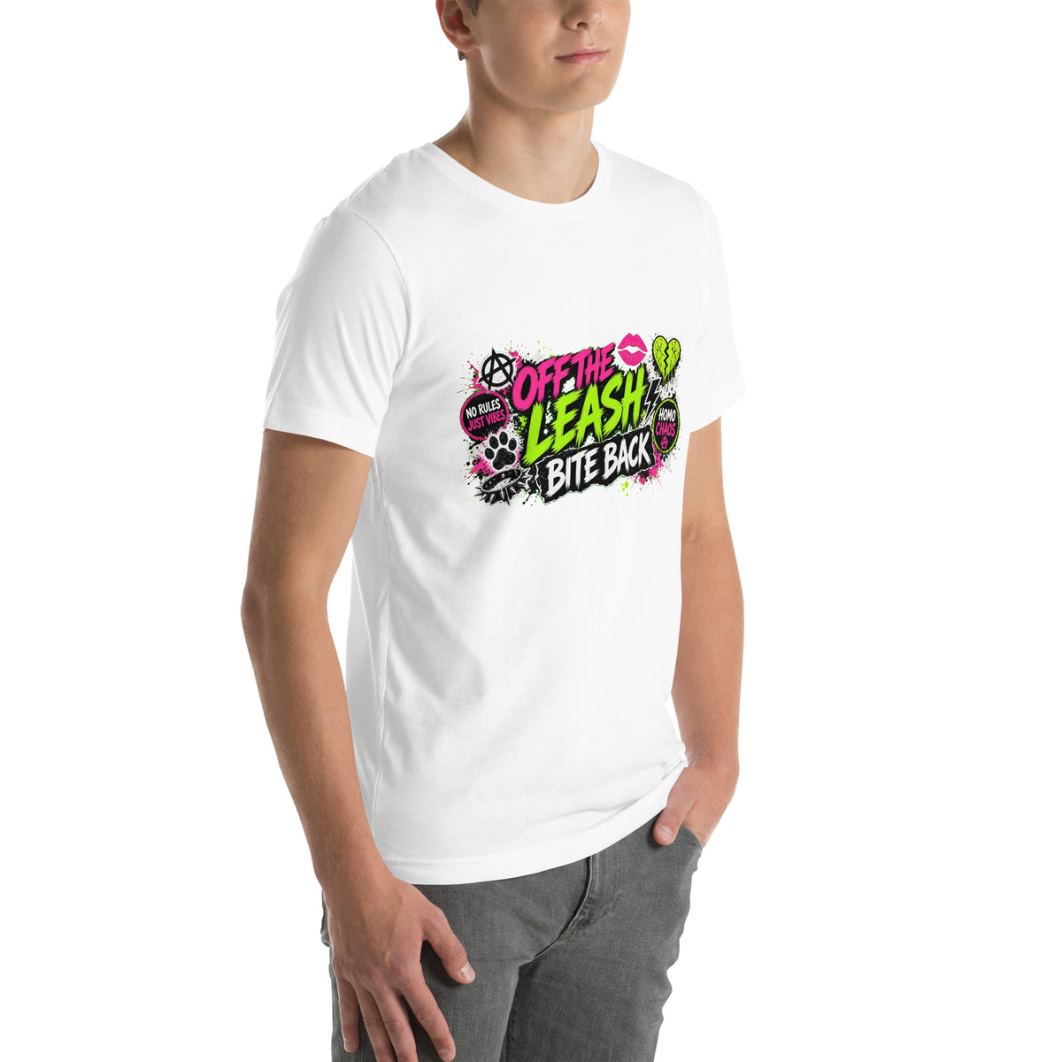 Off The Leash tee in White, right front view